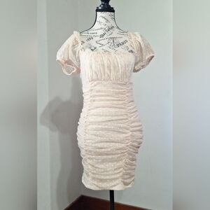 Ruched Puff-Sleeve Midi Dress in Light Blush